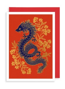 Поздравителна картичка - Дракон, златни цветя и червен фон